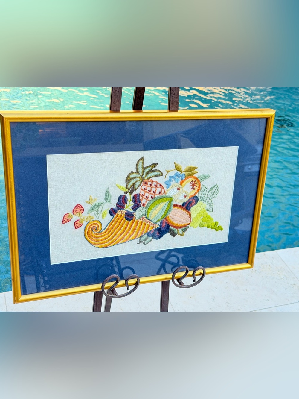 Gold Framed Cornucopia Fruit Embroidery Art